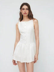 Linen-blend Boat Neck Backless Ruffle Mini Dress