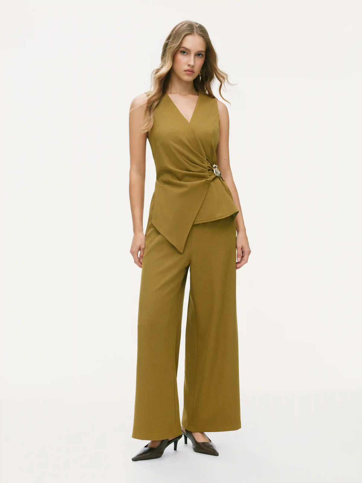 V-neck Ruched Metal Detail Wide Leg Jumpsuit