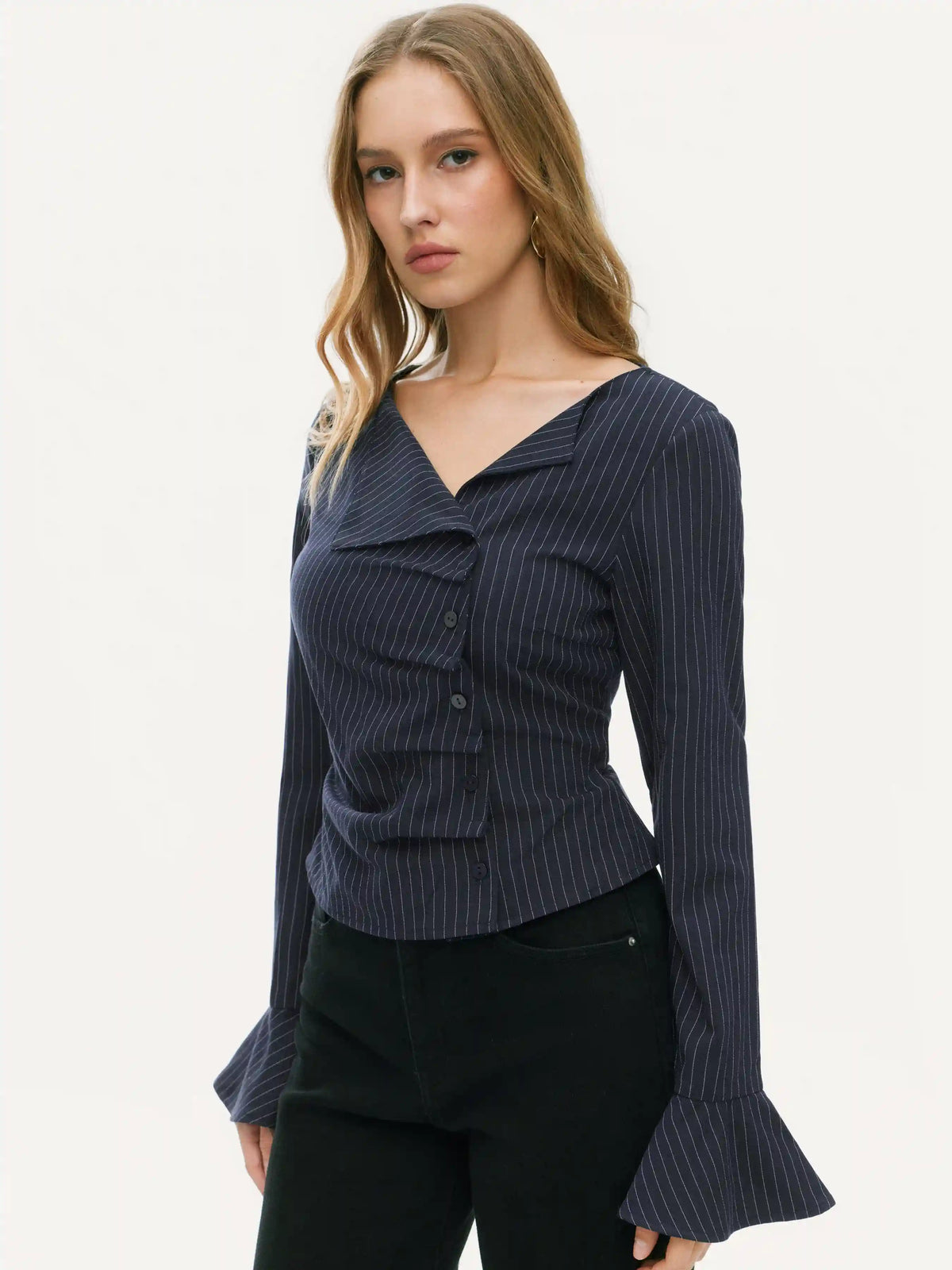 Stripe Asymmetrical Neck Ruffle Sleeve Ruched Blouse