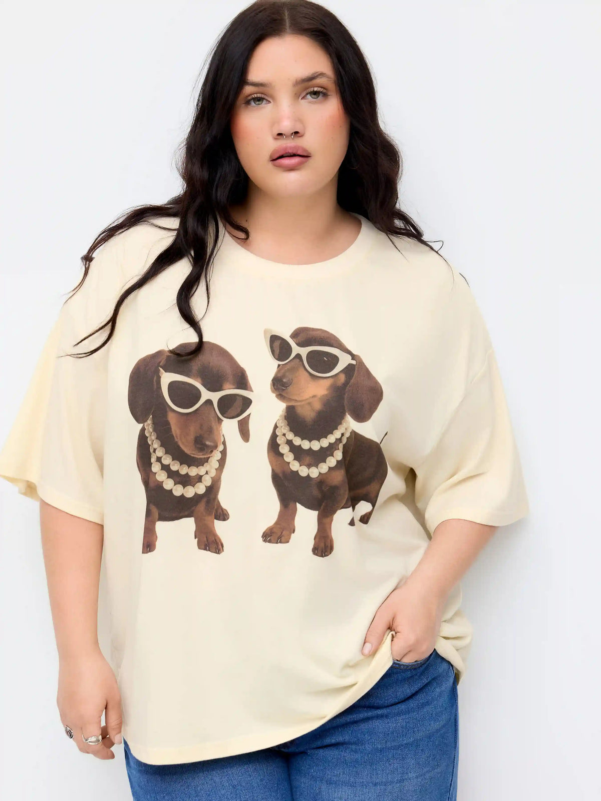 Cotton-blend Dachshund Puppies Graphic Oversized Tee Curve & Plus