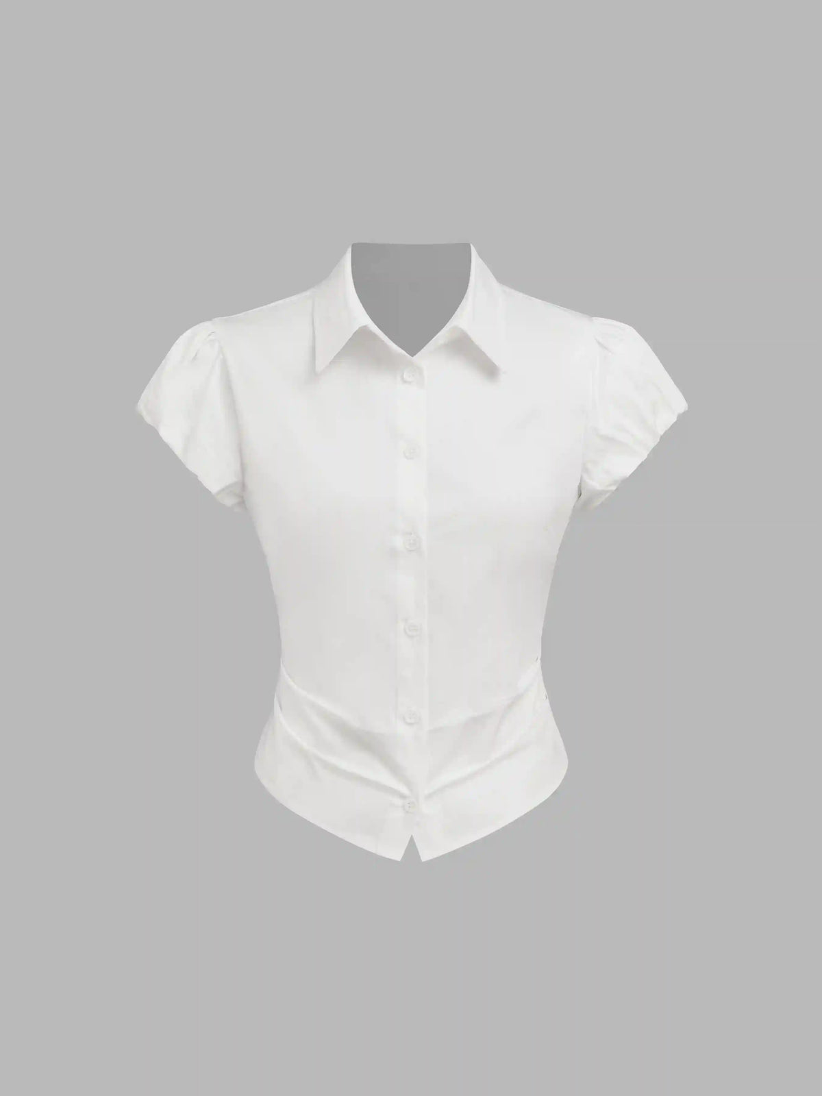 Cotton-blend Collar Ruched Puff Sleeve Shirt
