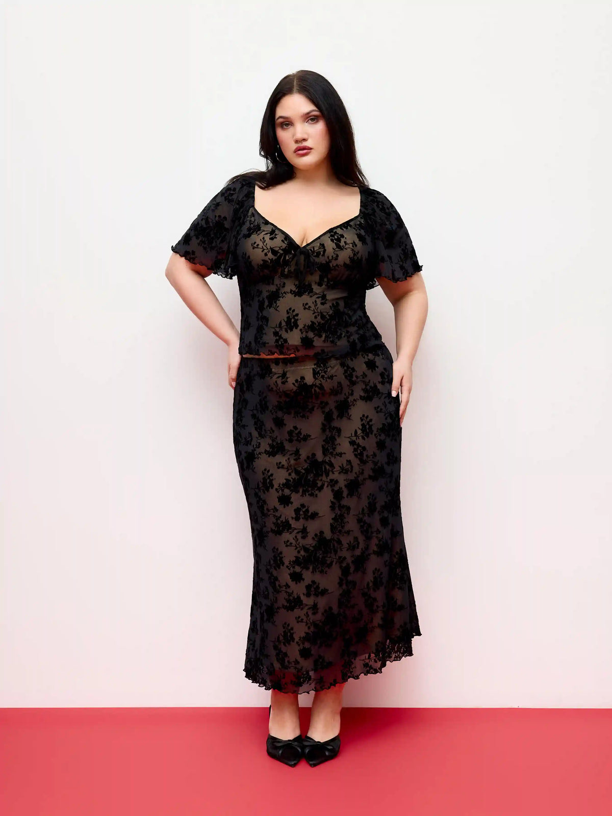 Mesh Sweetheart Floral Lace Ruffled Top & Lettuce Trim Mermaid Maxi Skirt Set Curve & Plus