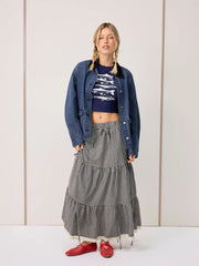 Two Way Cotton-blend Mid Rise Plaid Tiered Knotted Maxi Skirt