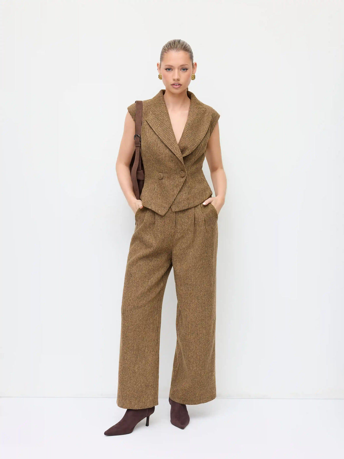 Wool-look Collar Button Wide Leg Jumpsuit