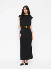 Round Neckline Split Straight Maxi Dress With Belt