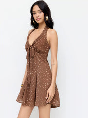 Chiffon Deer Spot Bowknot Halter Neckline Mini Dress