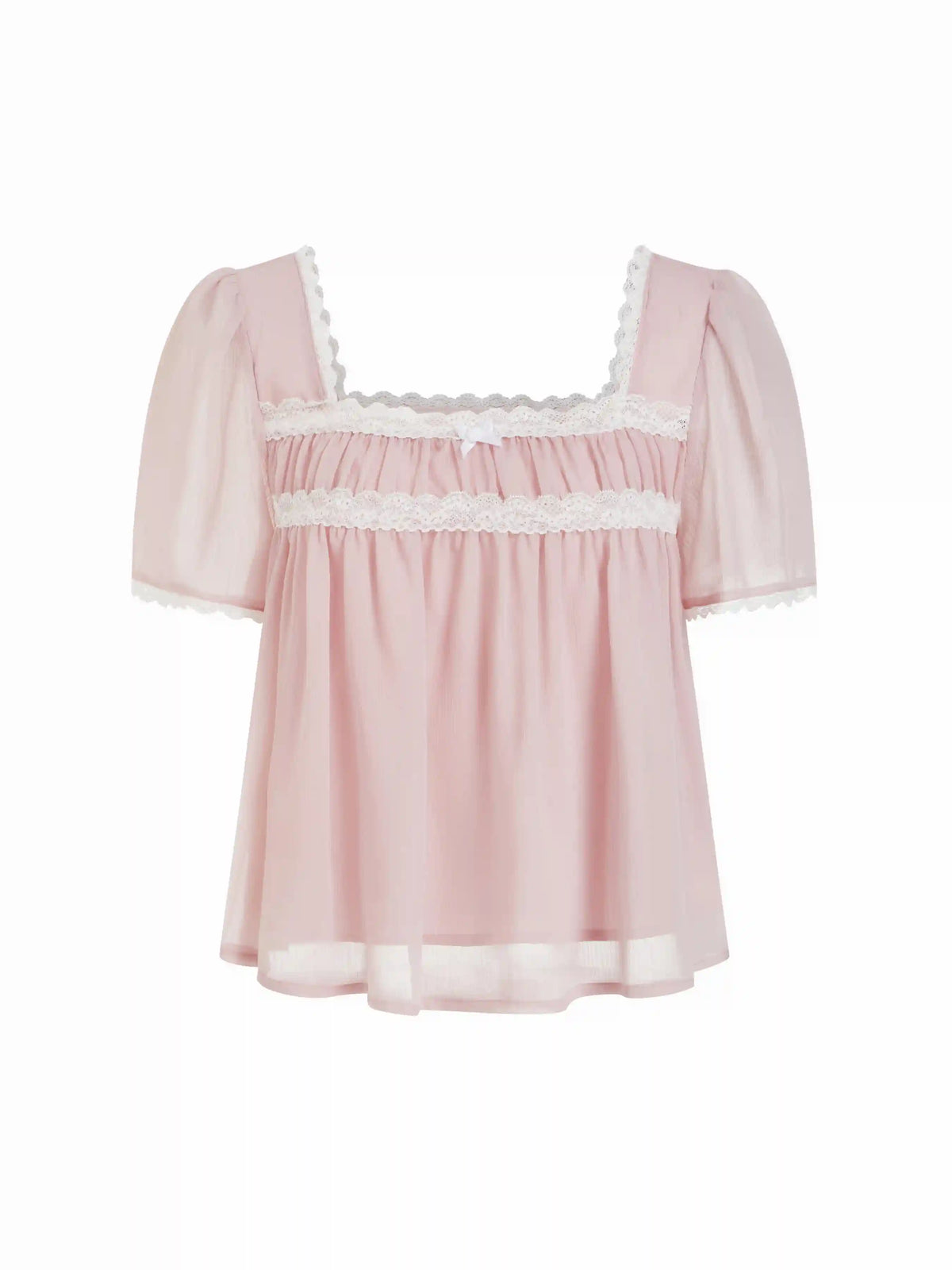 Square Neck Puff Sleeve Lace Trim Bowknot Ruched Oversized Blouse