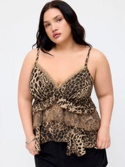 Chiffon Leopard V-neck Lace Trim Cami Top Curve & Plus