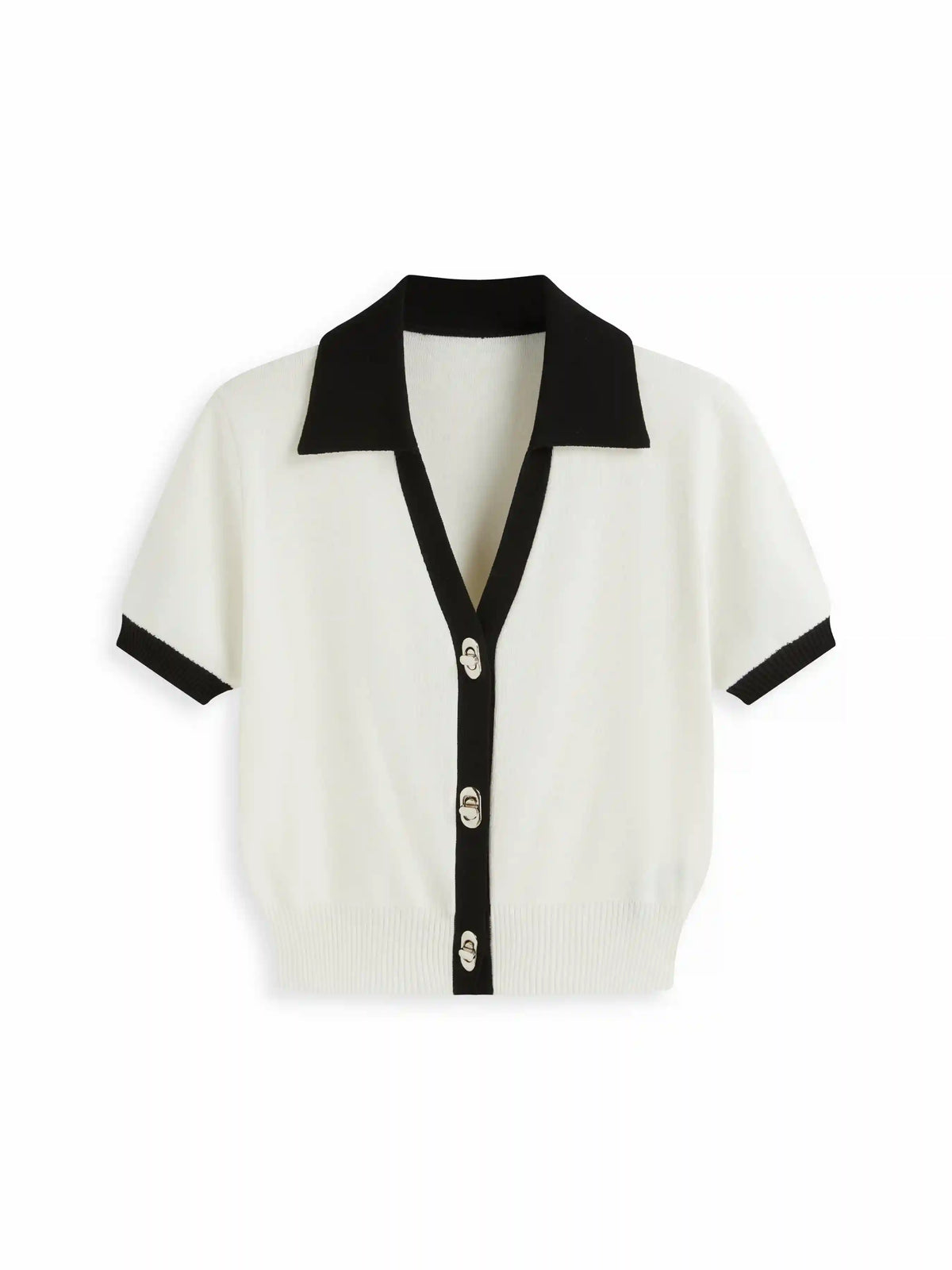 Knit Collar Colorblock Metal Button Short Sleeve Top