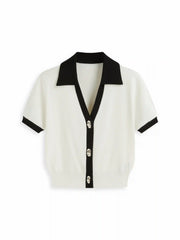 Knit Collar Colorblock Metal Button Short Sleeve Top