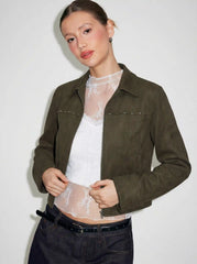 Suede Collar Long Sleeve Zip Through Jacket