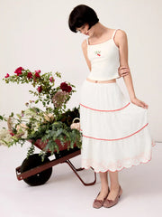 Linen-blend Fruit Embroidery Tiered Scalloped Midi Skirt