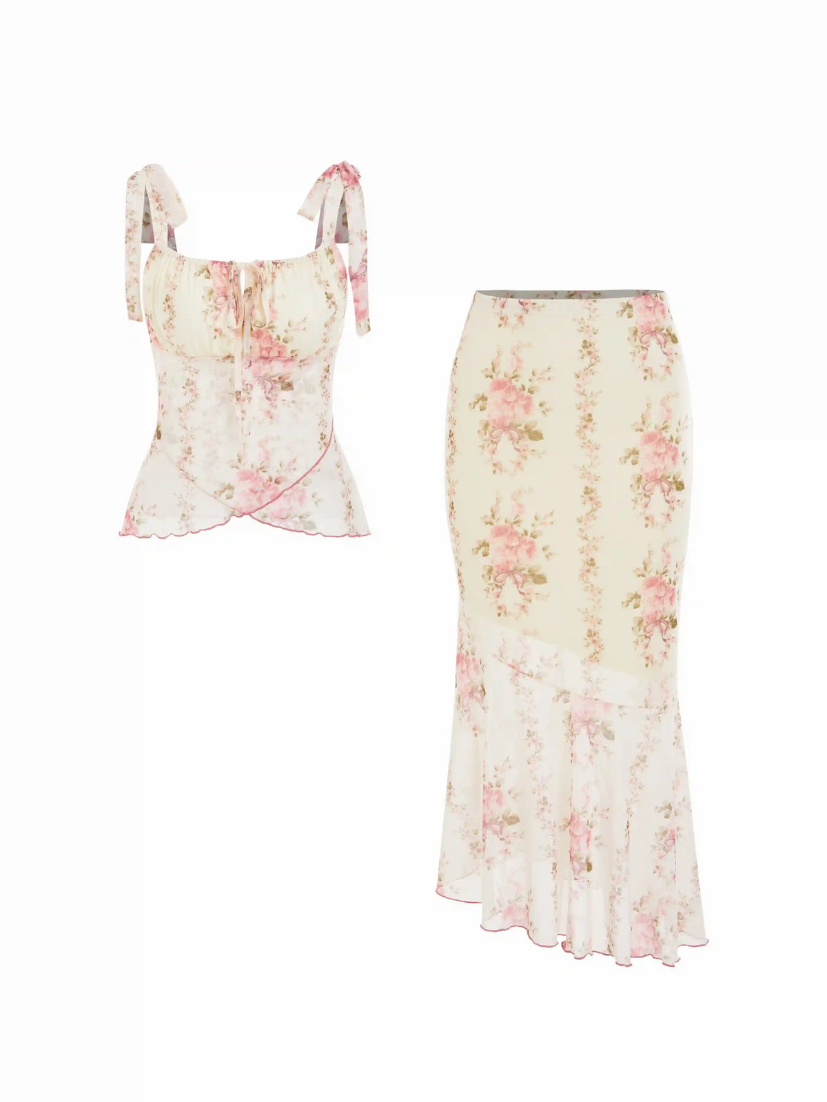 Mesh Floral Bowknot Cami Top & Mid Rise Maxi Skirt Set