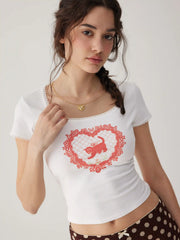 Cotton-blend Square Neck Animal Graphic Lace Trim Short Sleeve Tee