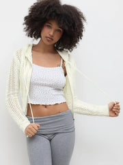 Knit Hooded Zipper Hollow Out Cardigan