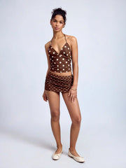 Polka Dot Halter Neckline Ruched Top & Mid Rise Mini Bodycon Skirt Set