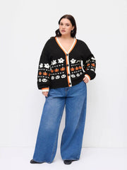 Knit V-neck Star Pumpkin Ghost Contrasting Binding Oversized Cardigan Curve & Plus