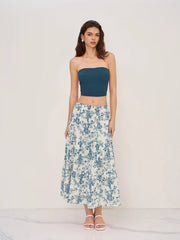 Solid Crop Tube Top & Mid Rise Floral Ruffle Tiered Maxi Skirt Set