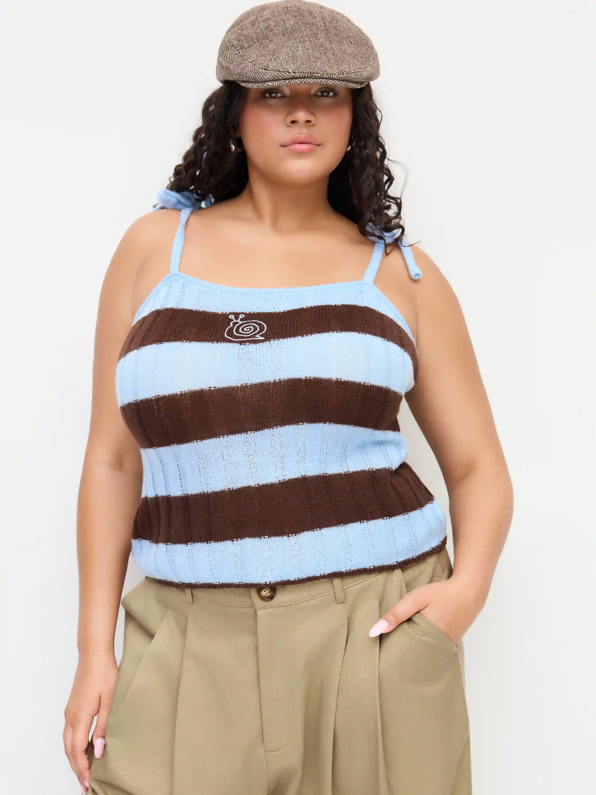 Knit Stripe Snail Embroidery Knotted Cami Top Curve & Plus
