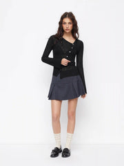 Knit Asymmetrical Neck Button Long Sleeve Top