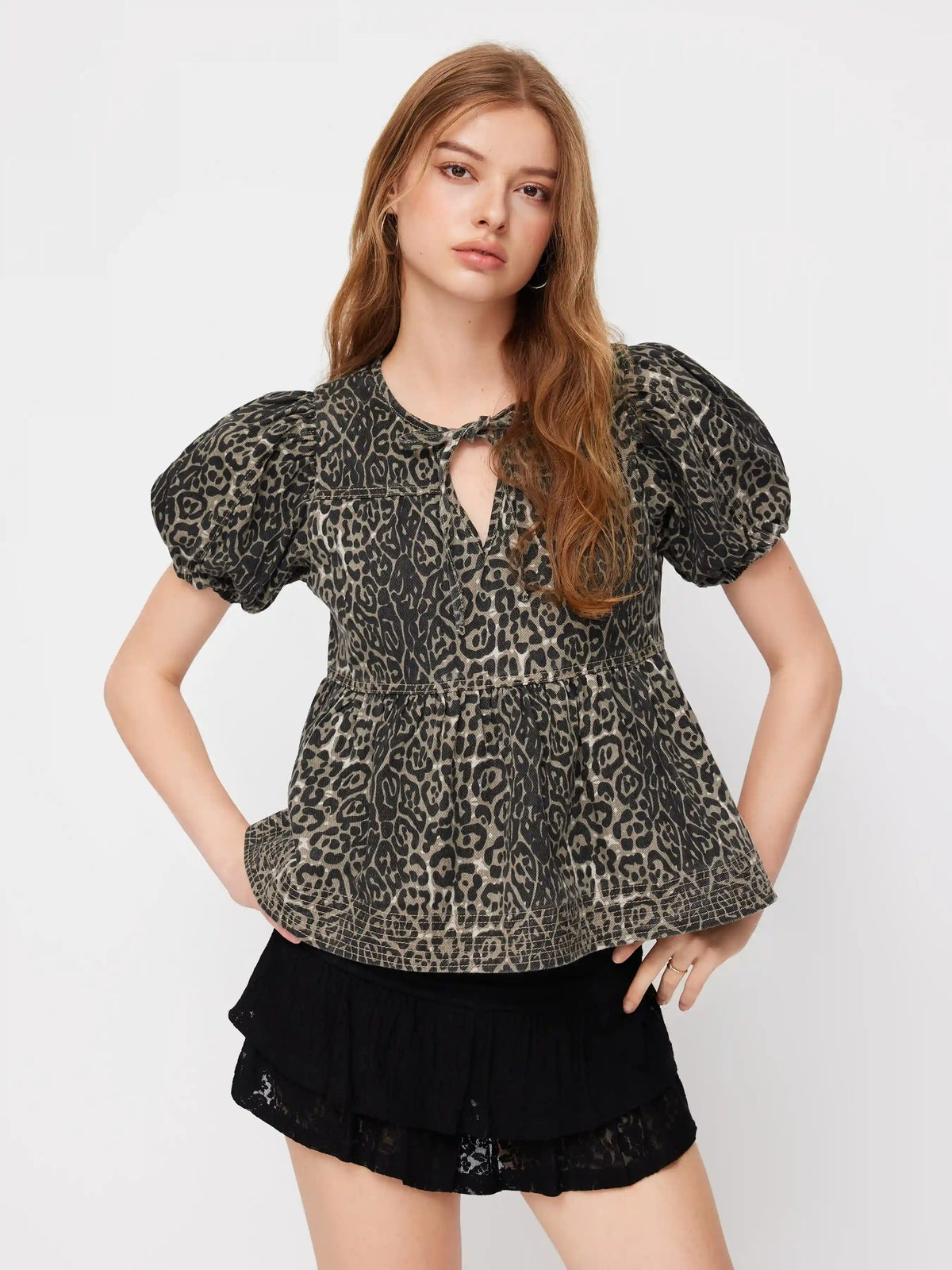 Denim Leopard Print Tie Front Ruffle Puff Sleeve Oversized Blouse