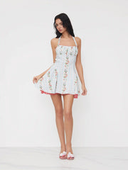 Linen-blend Halter Neckline Strawberry Floral Lace Up Ruffle Mini Dress