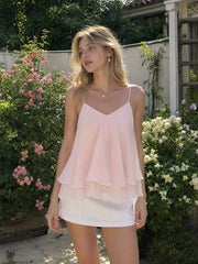 Ruffle Hem Knotted Layered Mesh Cami Top