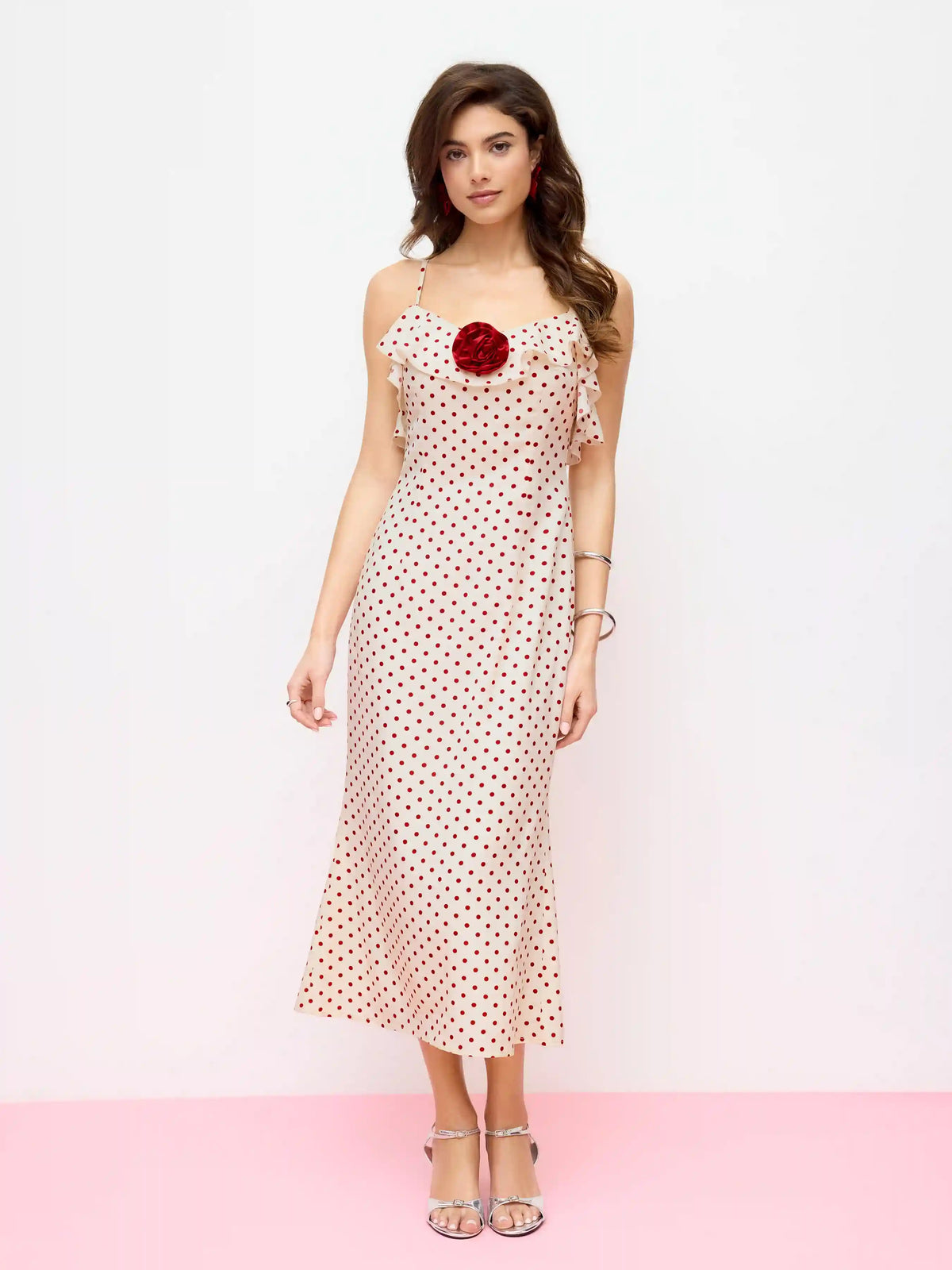 Satin Polka Dot V-Neck Ruffle Maxi Dress