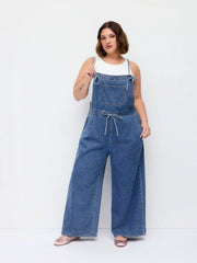 Denim Washed Square Neck Bowknot Belted Wide Leg Jumpsuit Curve & Plus