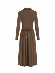 Collar Ruched Metal Button Long Sleeve Maxi Dress