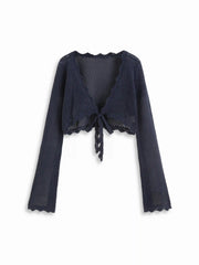 Knit Crochet Hollow Out Bell Sleeve Knotted Oversized Cardigan