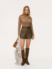 Faux Leather Mid Rise Shorts With Belt