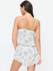 Satin Floral Lace Trim Cami Top & Mid Rise Shorts Loungewear Set