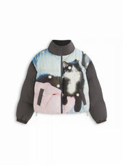 Cat Graphic Stand Collar Polka Dot Drawstring Zip Through Puffer
