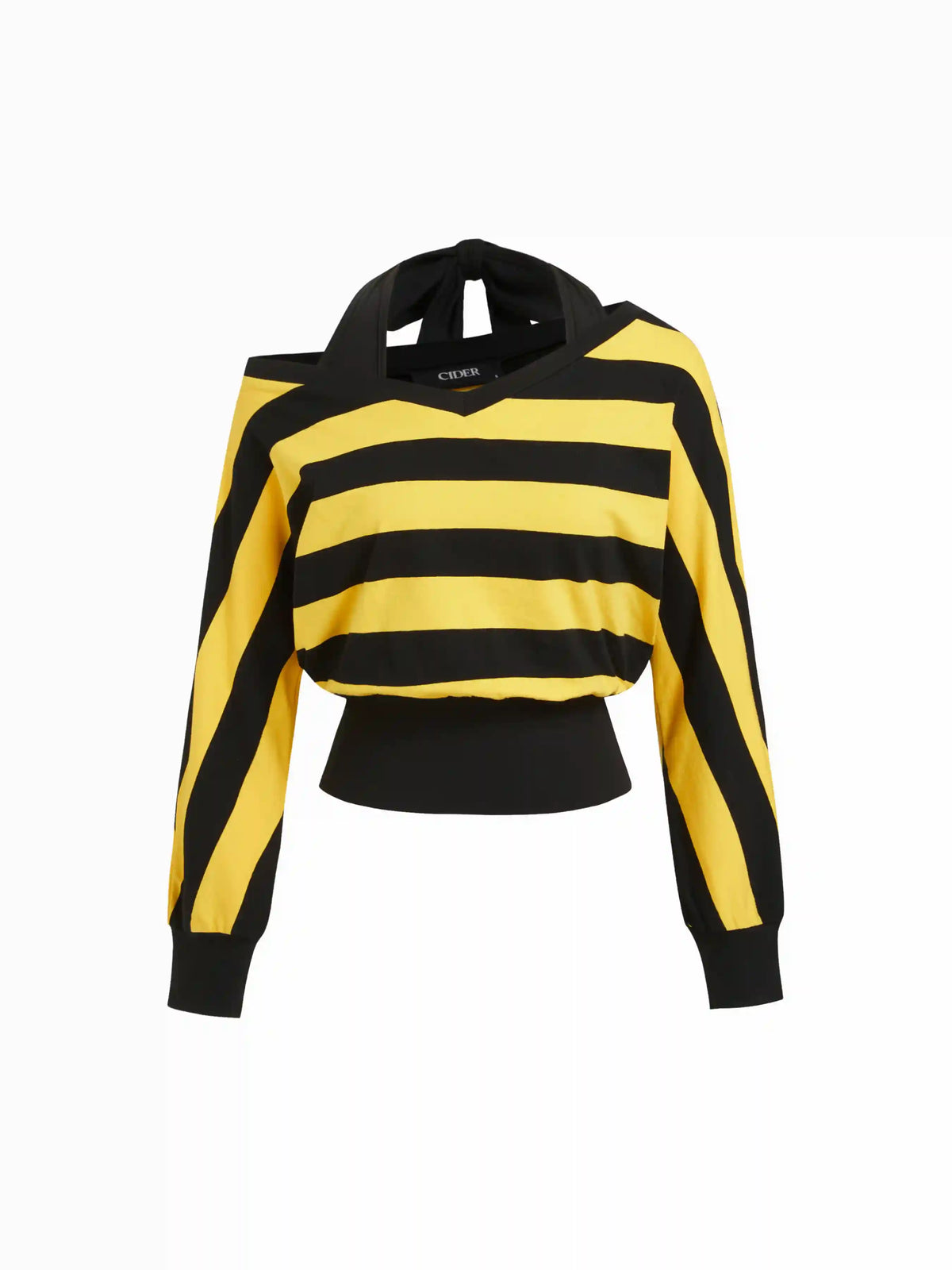 Cotton-blend Asymmetrical Neck Long Sleeve Striped Two Tone Top