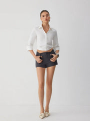 Cotton-blend Rolled Cuff Sleeve Banded Hem Shirt
