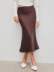 Satin Mid Rise Solid Zipper Maxi Skirt