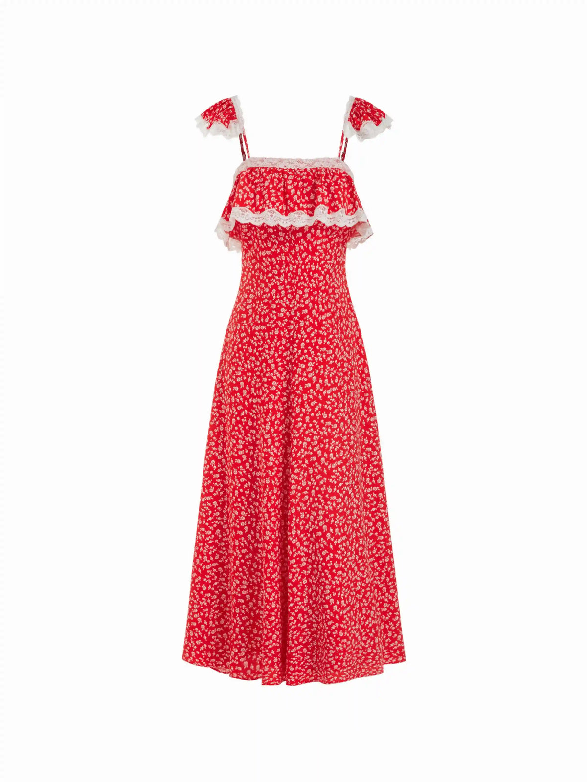 Floral Square Neck Lace Trim Ruffle Babydoll Oversized Maxi Dress