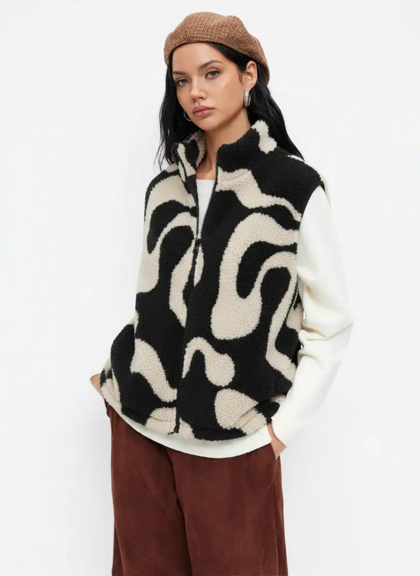 Fleece High Neck Geometric Puffer Vest