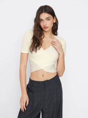 Cable Knit V-neck Short Sleeve Criss Cross Wrap Top