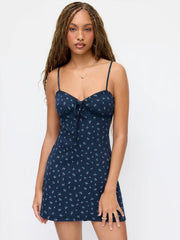 Cotton Floral Sweetheart Textured Bowknot Flared Mini Dress