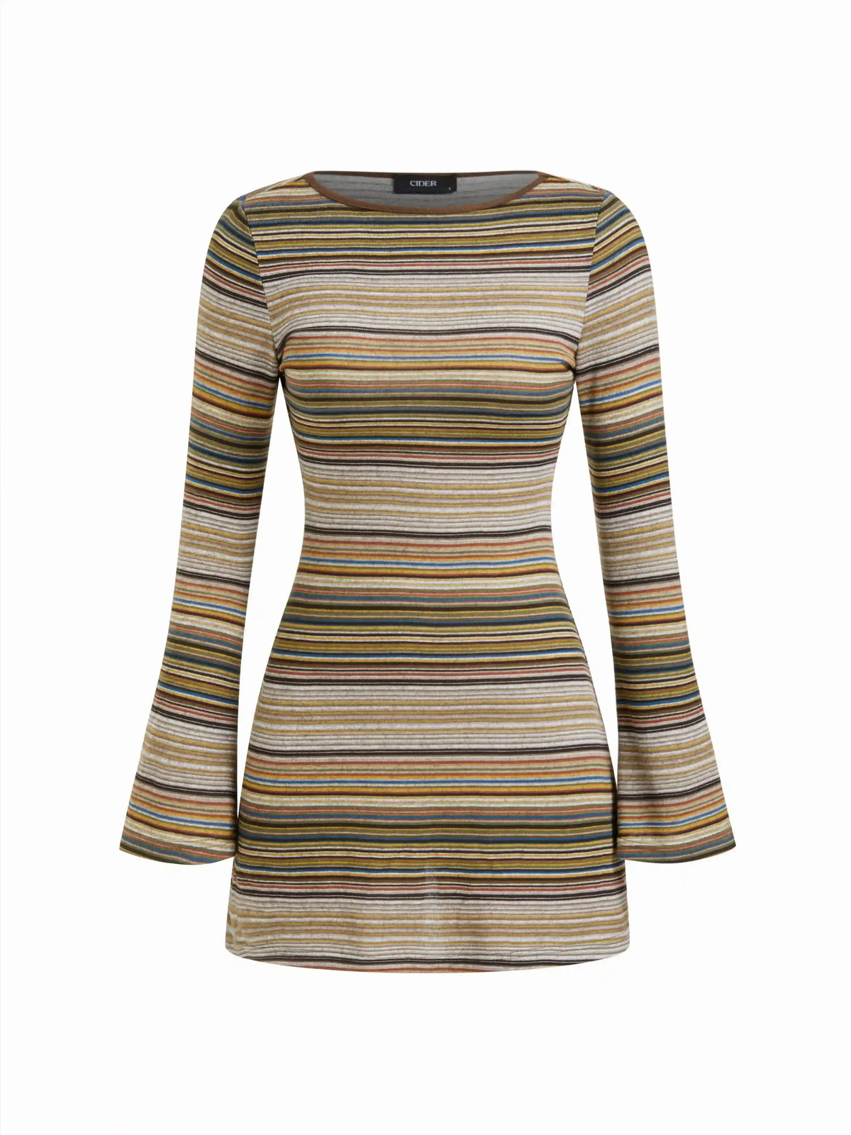 Jersey Boat Neck Striped Bell Sleeve Flared Mini Dress