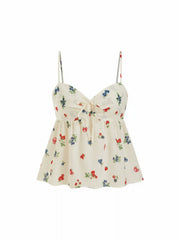 Fruit Graphic Sweetheart Neck Knotted Ruched Babydoll Cami Blouse