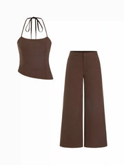 Linen-blend Halter Neckline Asymmetrical Top & Low Rise Straight Leg Trousers Set