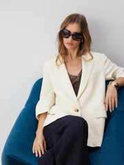 Cream Notched Collar Middle Sleeve Blazer