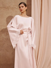 Satin Boat Neck Bell Sleeve Lace Panel Flared Maxi Dress