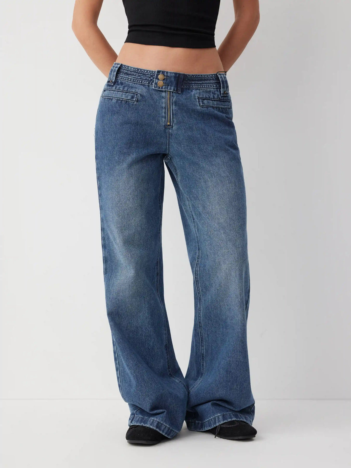 Denim Low Rise Button Detail Wide Leg Jeans