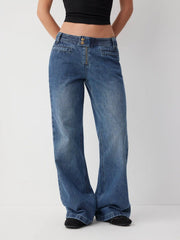 Denim Low Rise Button Detail Wide Leg Jeans