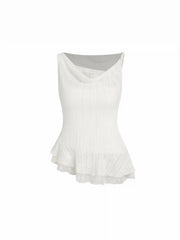 Textured Asymmetrical Ruffled Lace Trim Tank Top