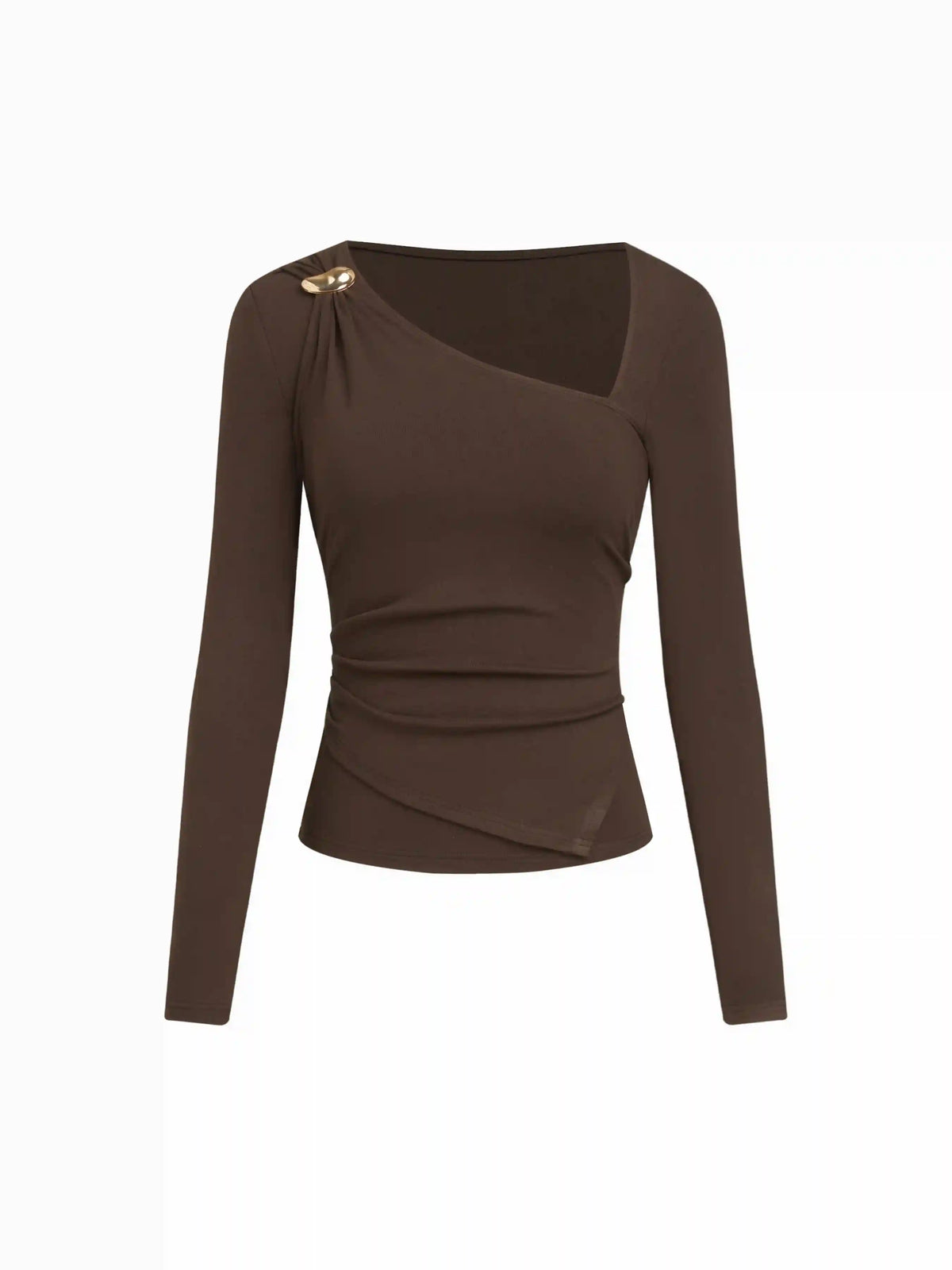 Asymmetrical Neck Long Sleeve Metal Detail Ruched Top